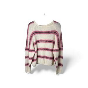 Free People White Pink Striped Open Knit Oversized Sweater Sz XS